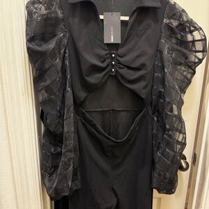 Black Women's Jumpsuit with Sheer Sleeves